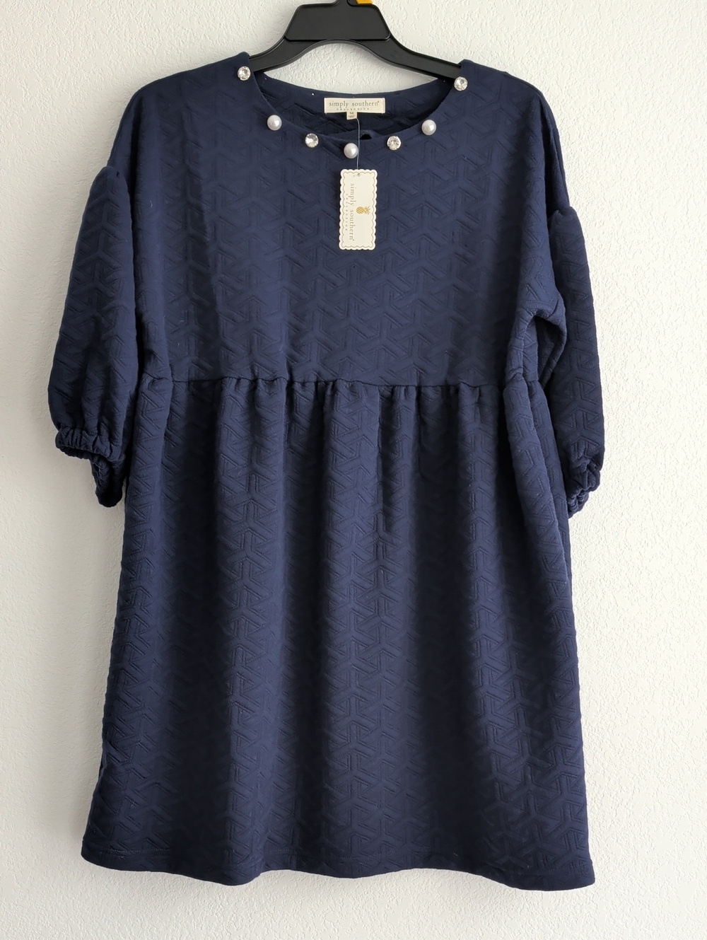 Simply Southern Navy Pearl-Trim Textured Shift Dress